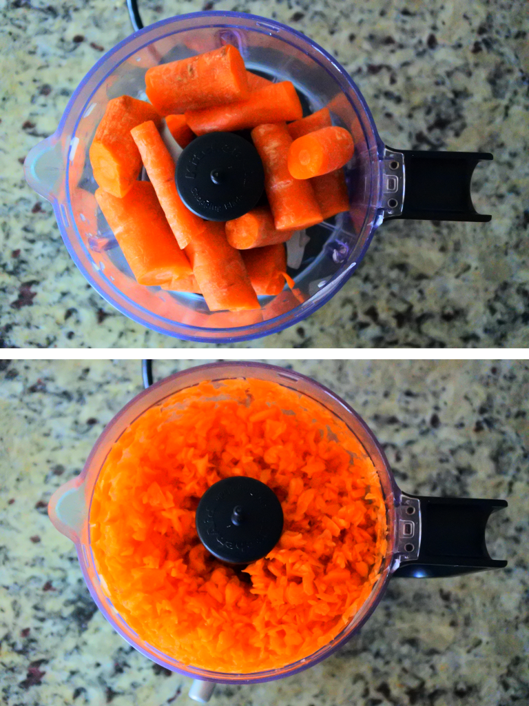 A composite image showing carrots being blitzed in a mini food processor