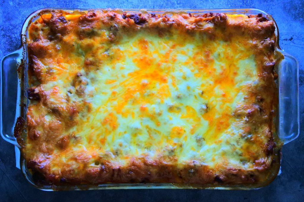 An overhead image of a dish of Kitrusy's Gluten free Lasagna after being baked and left to cool.