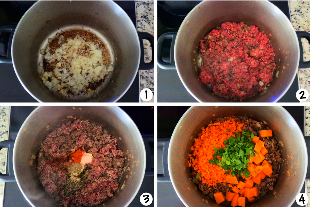 A composite image showing the steps for making the red/meat sauce for Kitrusy's gf Lasagna