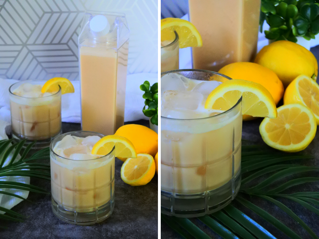 A composite image of Kitrusy's Creamy Dreamy Lemonade in a glass with ice and a fresh lemon wedge on the rim