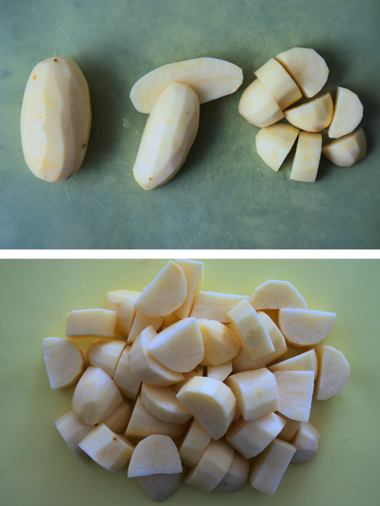 A composite image showing how to cut potatoes for crispy roasted potatoes
