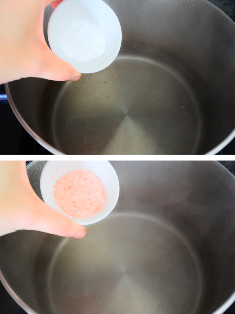 A composite image showing baking soda and salt being added to boiling water for crisp roasted potatoes.