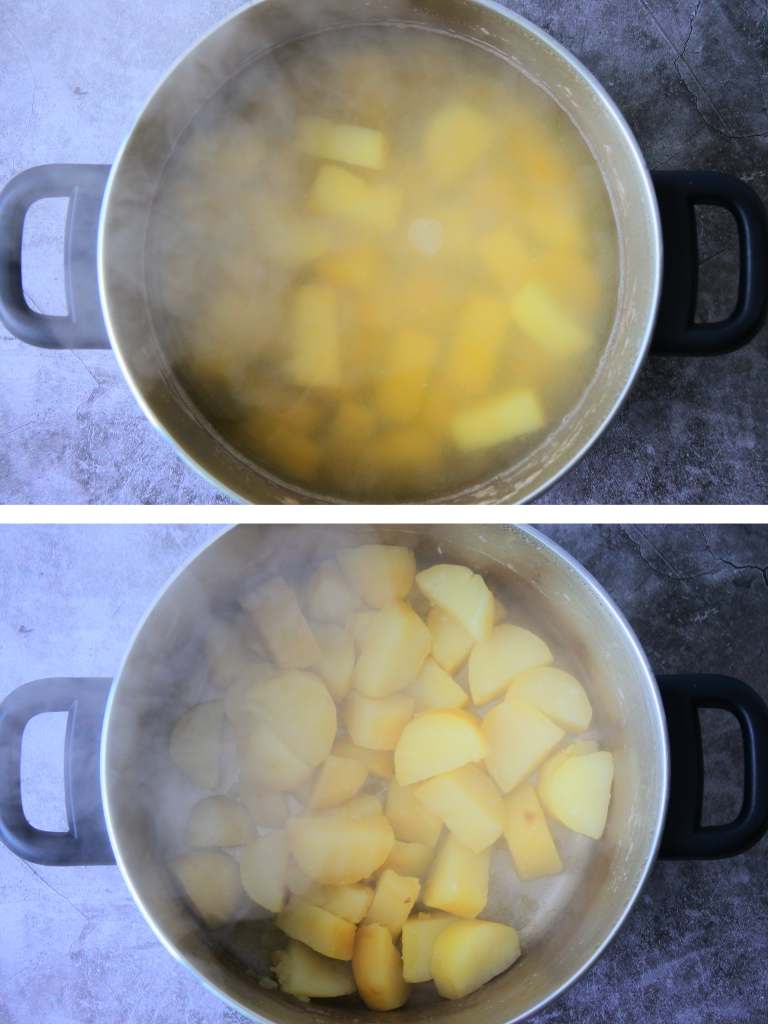 A composite image showing potato chunks being boiled until fork tender and then drained and left to "dry out" a bit