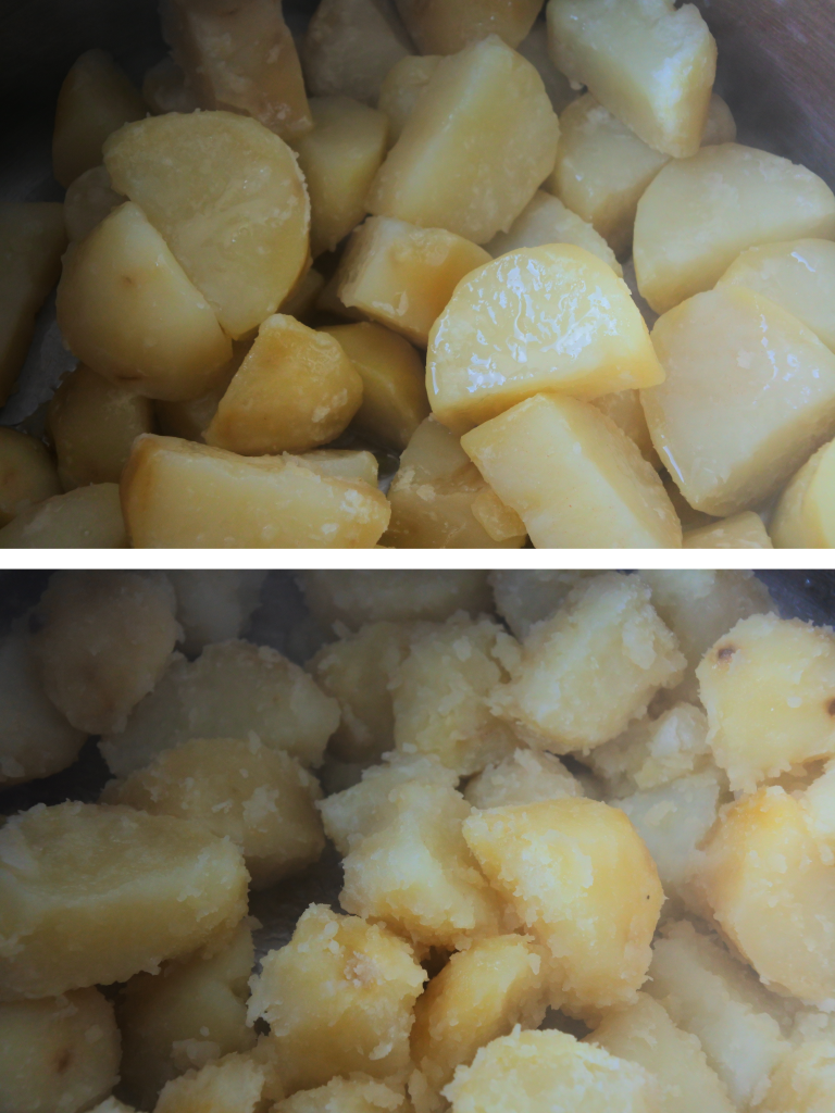 A composite image showing boiled potato chunks being oiled and tossed before being roasted.