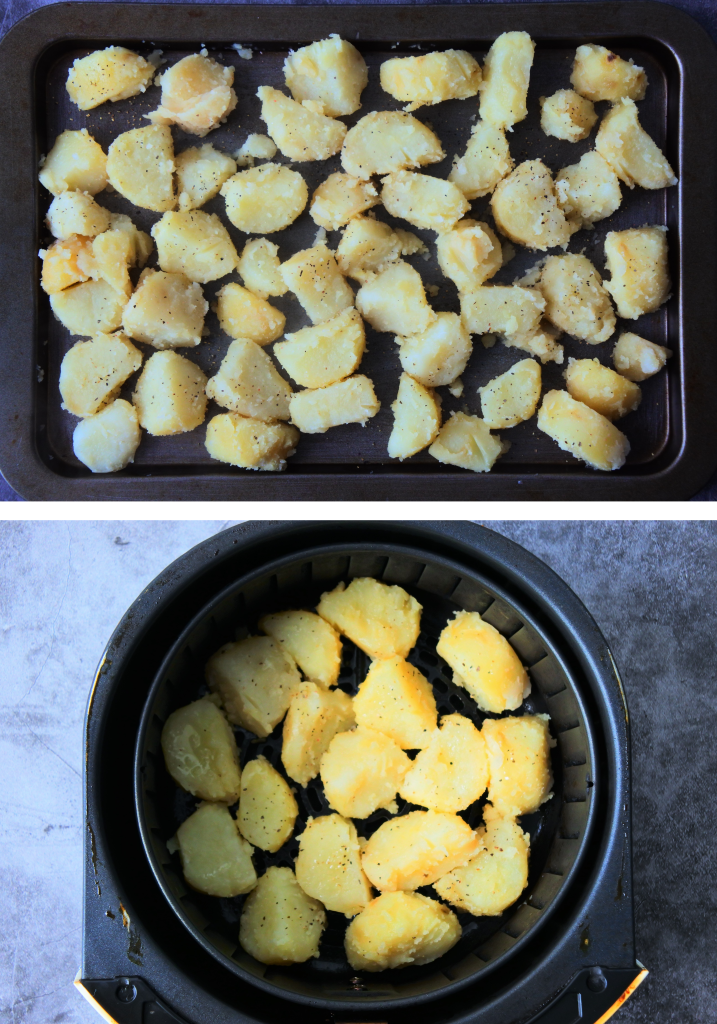 A composite image showing boiled, seasoned, oiled and tossed potatoes on a tray to be oven baked and in an airfryer before being roasted