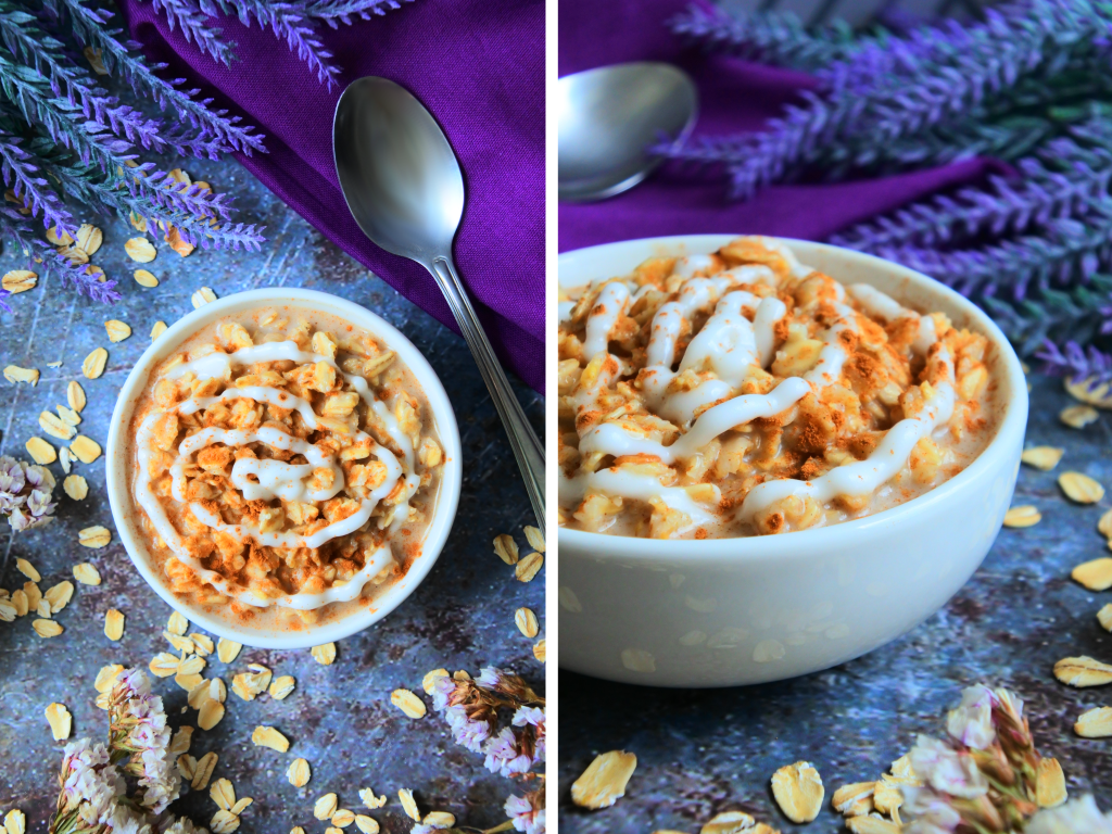 A composite image showing a bowl of warm cinnamon roll oatmeal