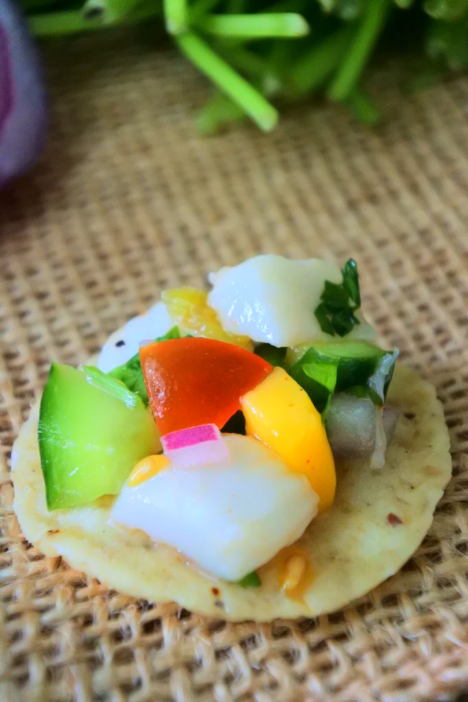 A close up image of a tortilla chip with all elements of a fresh scallop ceviche on it ready to be eaten