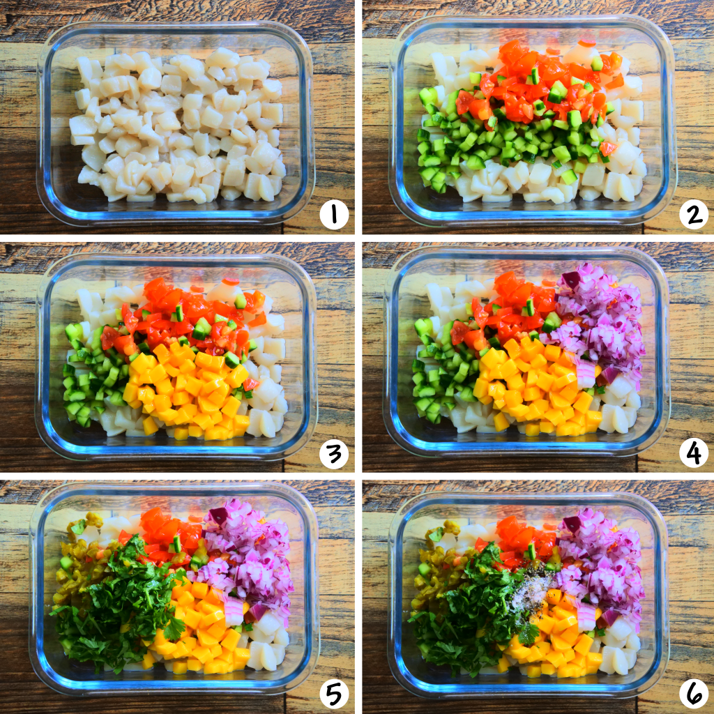 An overhead composite image showing the steps for making a simple scallop ceviche