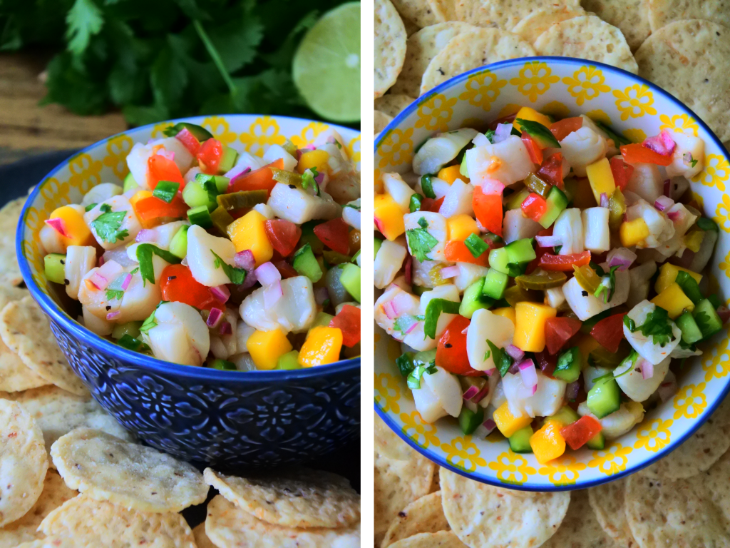 A composite image showing an angled and overhead image of a fresh scallop ceviche in a patterned bowl.