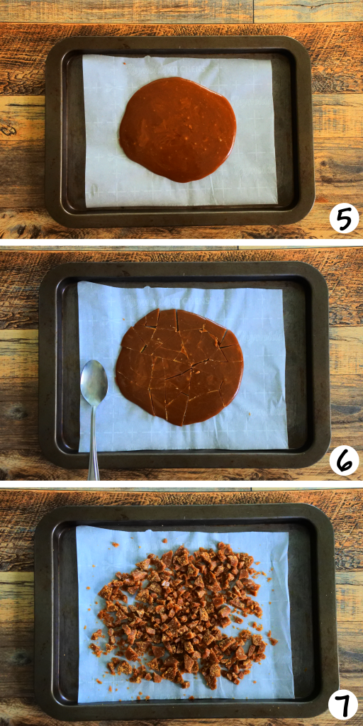 A composite image showing steps 5-7 of an easy homemade toffee being poured on a tray, left to cook and then shattered into chunks