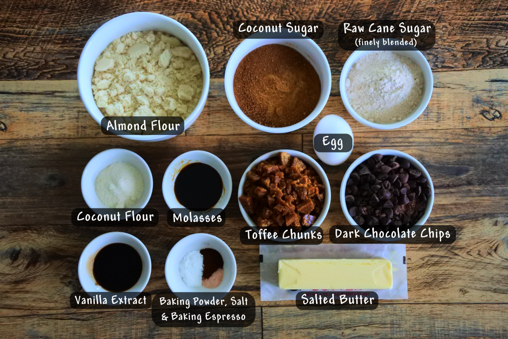 An overhead image of bowls of ingredients needed for a gluten-free toffee chocolate chip cookie