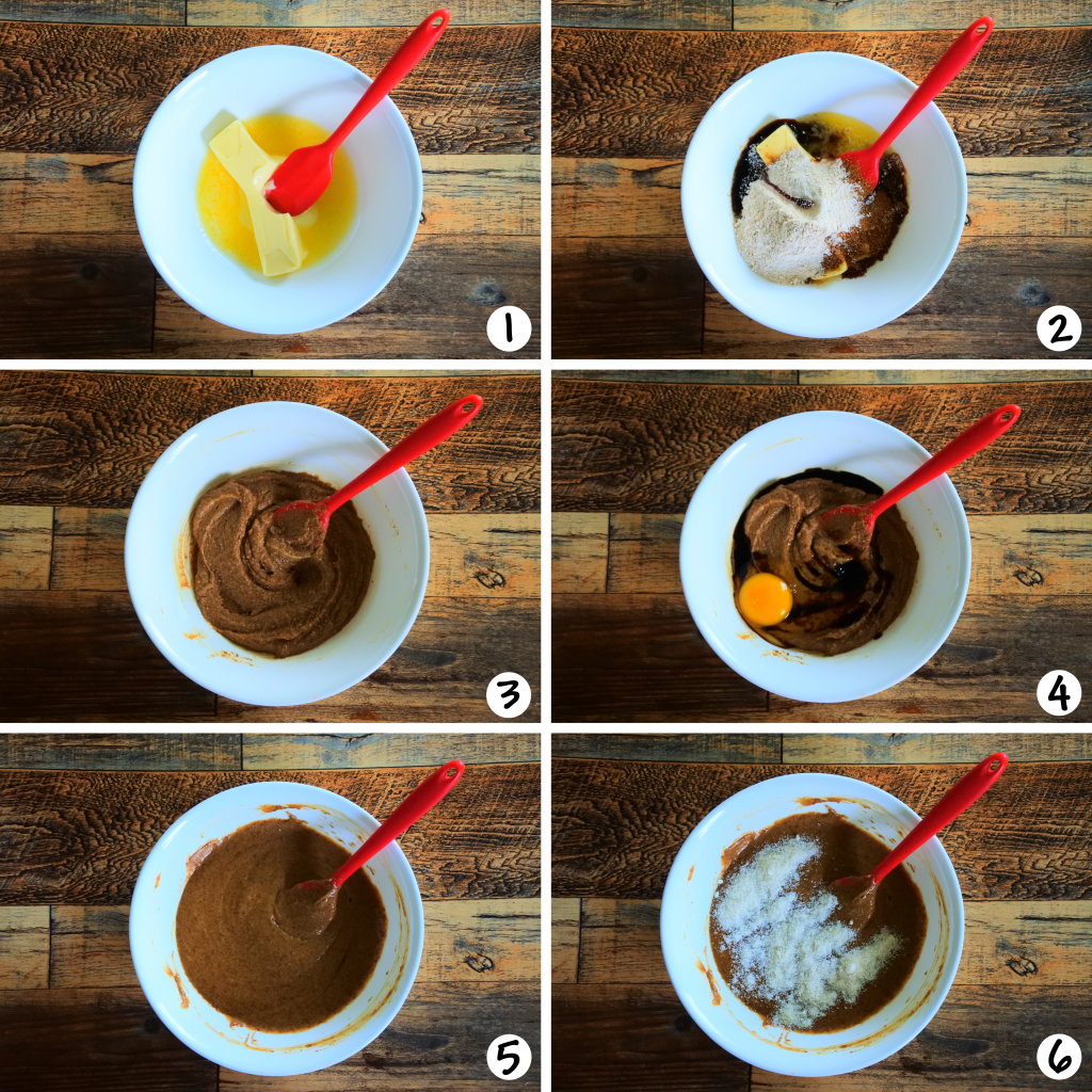 A composite image showing steps 1-6 of making gluten free toffee chocolate cookies