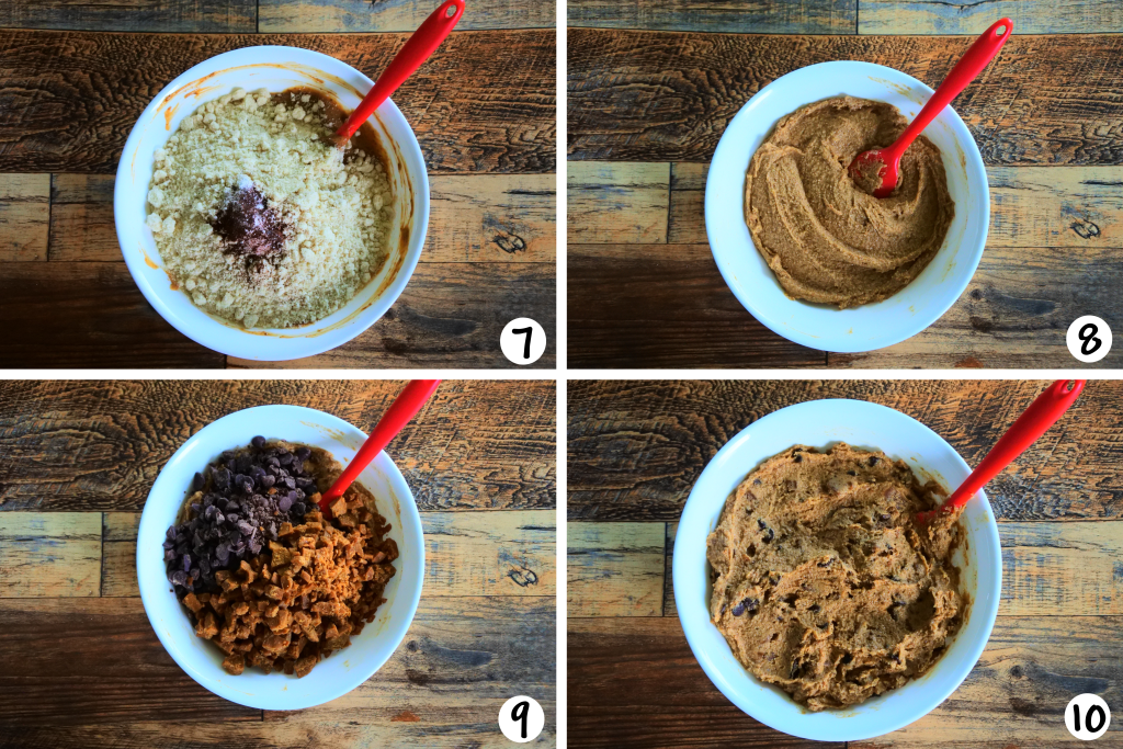 A composite image showing steps 7-10 of making gluten free toffee chocolate cookies