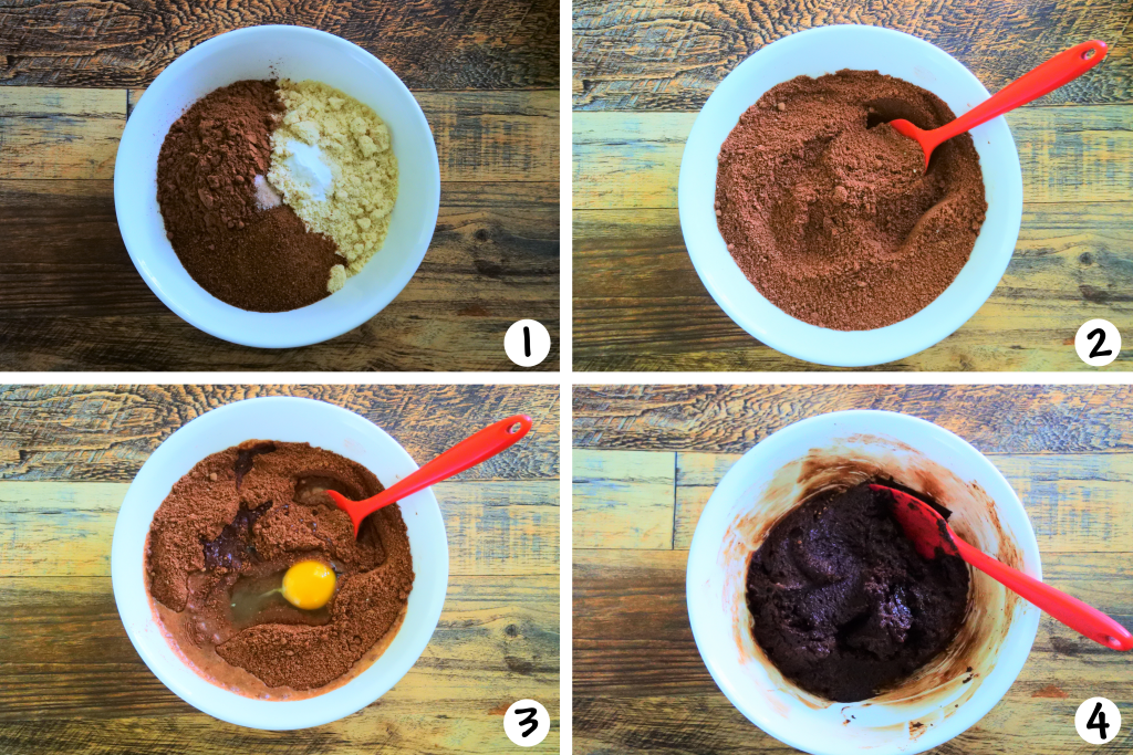 A composite image showing steps 1-4 of making chocolate cake rounds for whoopie pies