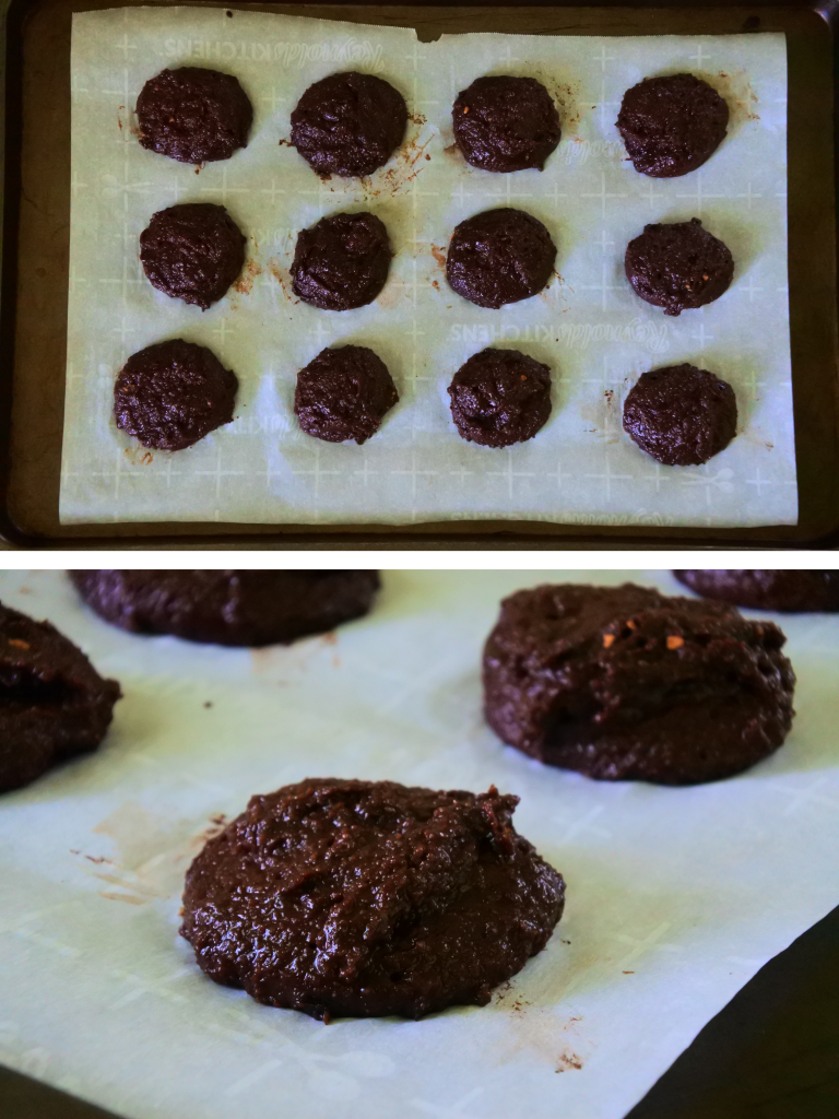 A composite image showing a tray of chocolate cookie rounds and a close up of one before being baked.