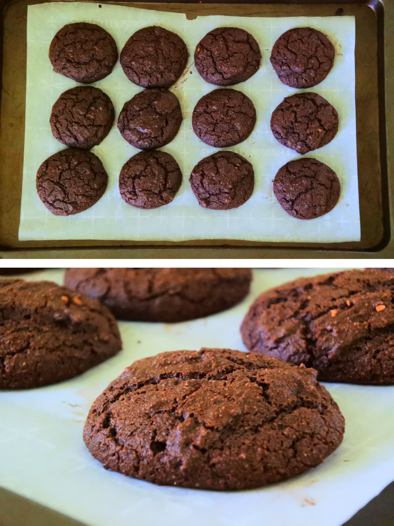 A composite image showing a tray of freshly baked chocolate cookie rounds and a close up of one.