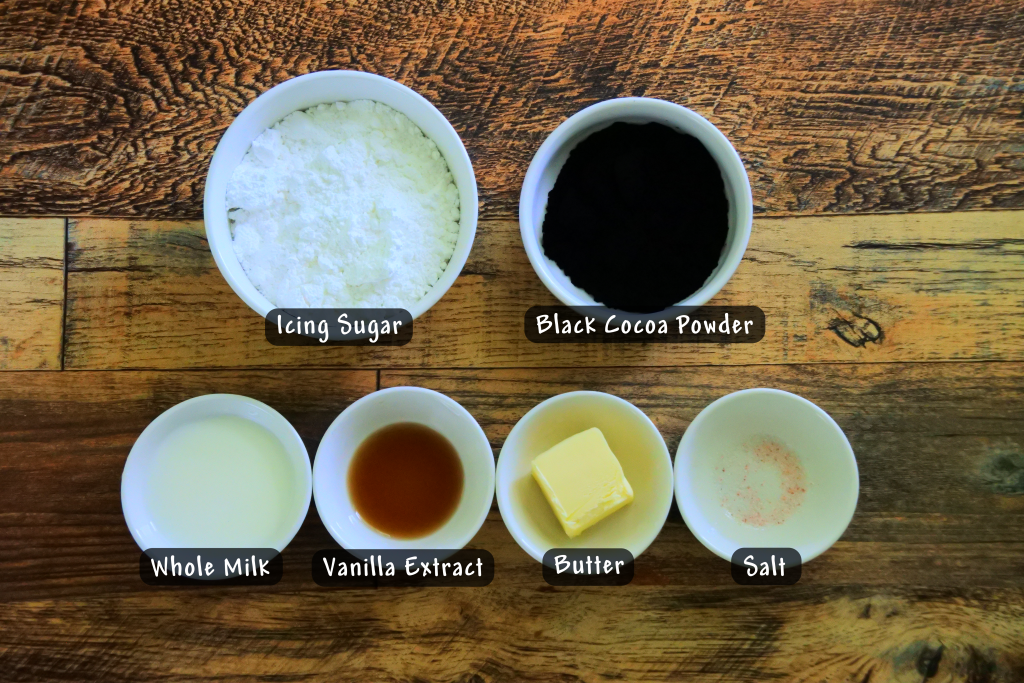 An overhead image showing the ingredients needed to make an oreo-cookie flavored frosting
