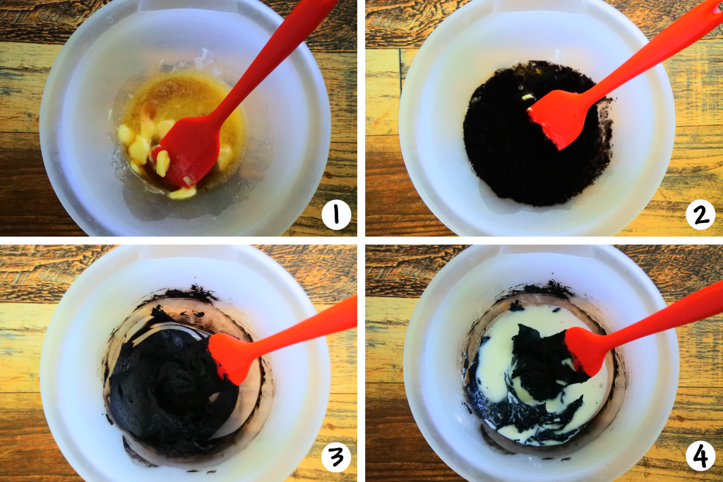 A composite image showing steps 1-4 on how to make an oreo-cookie flavored black cocoa icing