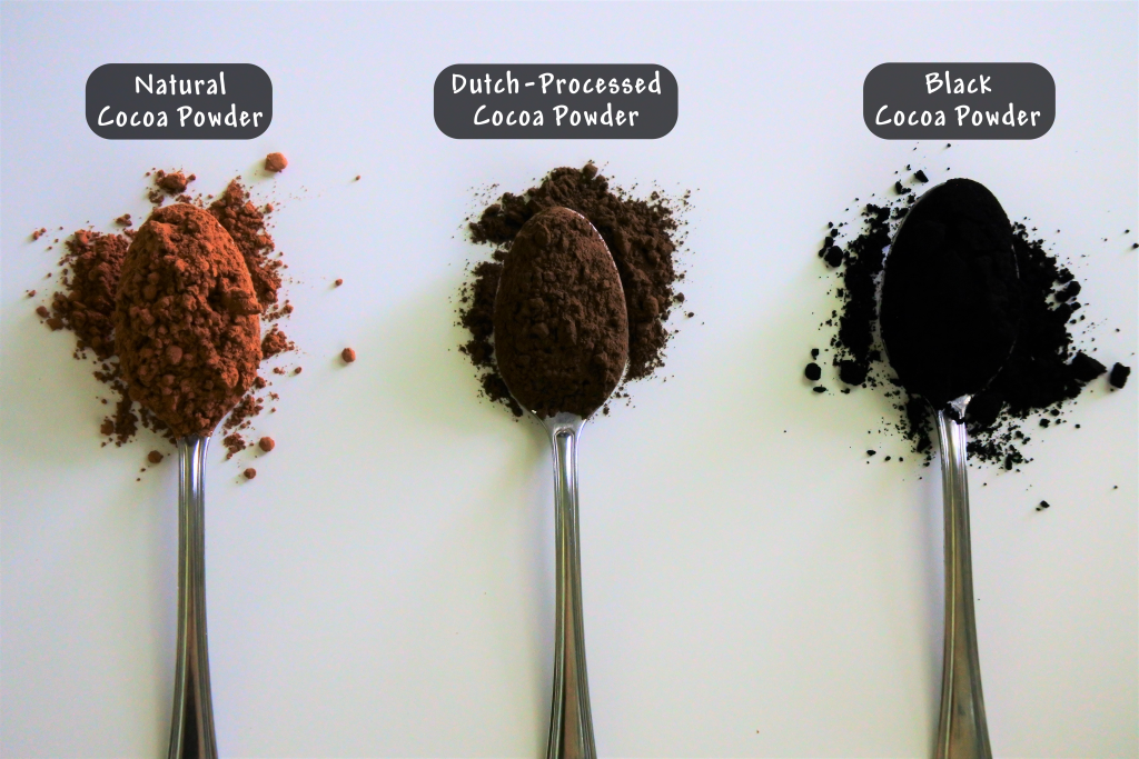 An image of three spoons of different cocoa powders including natural, dutched and black.