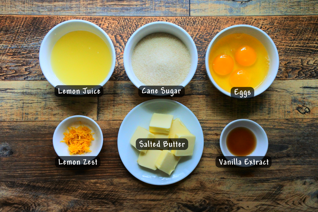 an overhead image of ingredients needed for an easy lemon curd