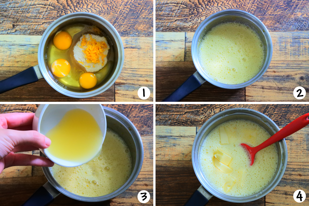 An image showing steps 1-4 of making lemon curd
