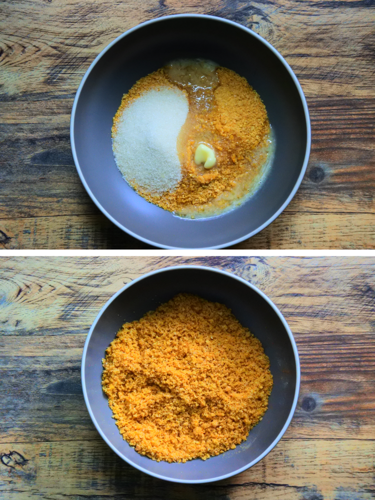 A composite image showing the crust for a Greek Yogurt being combined