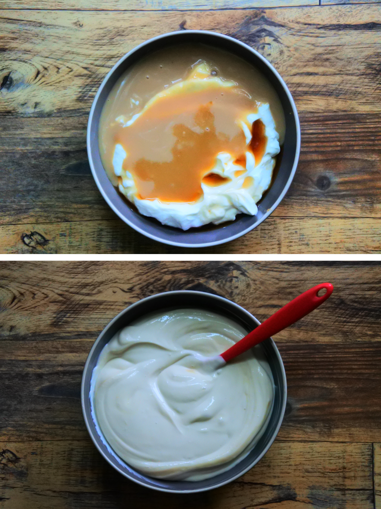 A composite image showing the filling for a Greek Yogurt being combined