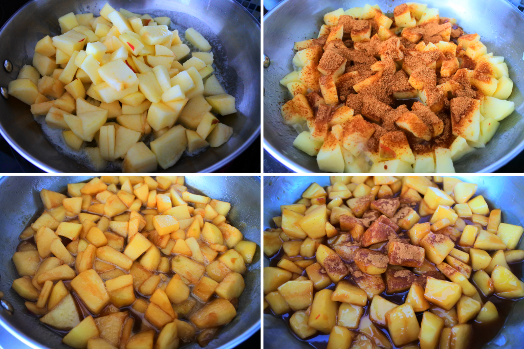 A composite image of apple filling being made