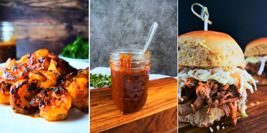 composite image of bbq sauce, bbq pulled pork sliders and bbq shrimp
