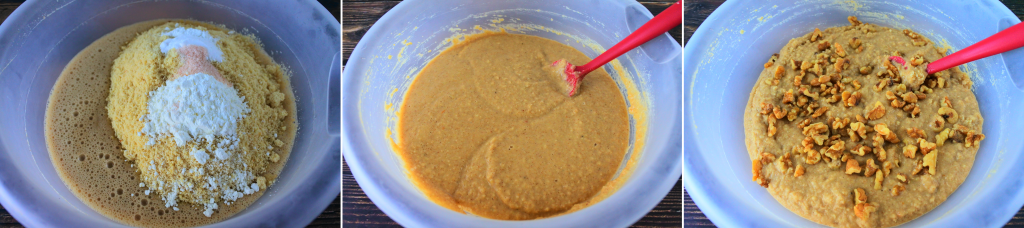 A composite image of dry ingredients being added to wet ingredients of a banana nut bundt bread and being mixed together and walnuts being added in