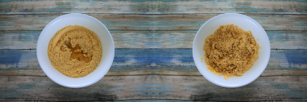 A composite image of two bowls. On the left half of the required oil and water added to the chickpea mixture and on the right, a bowl with the liquid mixed in.
