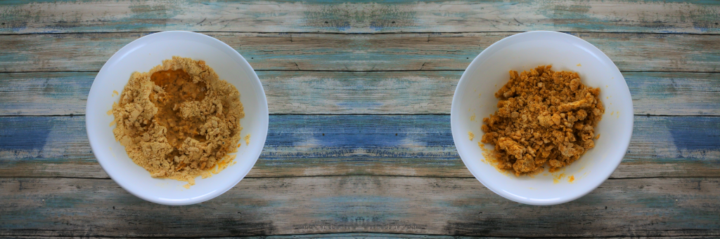 A composite image of two bowls. On the left the remaining oil and water added to the chickpea mixture and on the right, a bowl with the liquid mixed in.