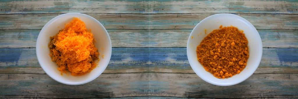 A composite image with a crumb chickpea flour mixture with finely shredded cheese added in on the left, and a bowl with the cheese worked into the crumb flour mixture