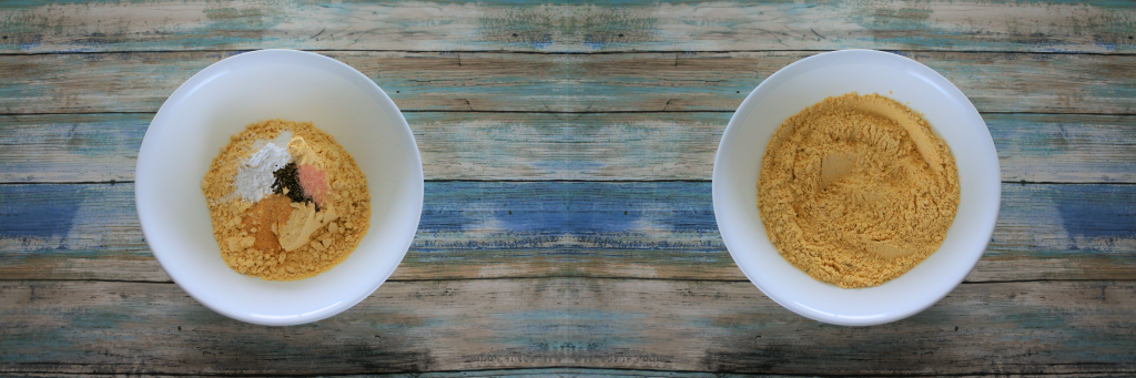 A composite of two images: On the left a bowl containing chickpea flour, salt, pepper, garlic powder, and baking powder. And one the right an image of a bowl of chickpea flour with everything mixed in.