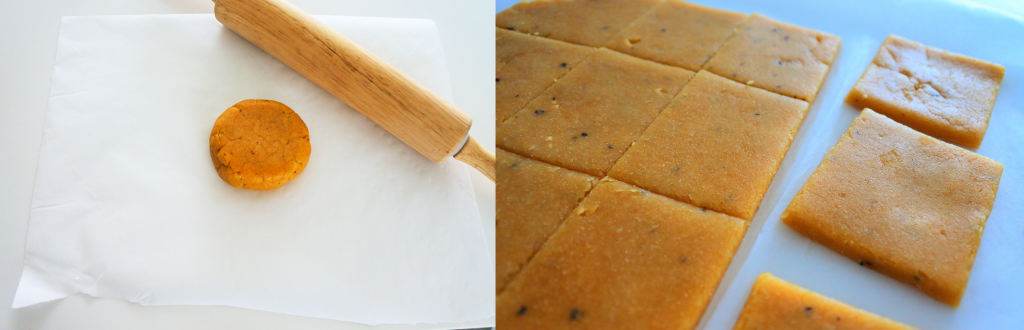 A composite image of a disc of chilled chickpea cracker dough on a sheet of parchment with a rolling pin on the left side, and a close up image of rolled out chickpea cracker dough that has been sliced into squares