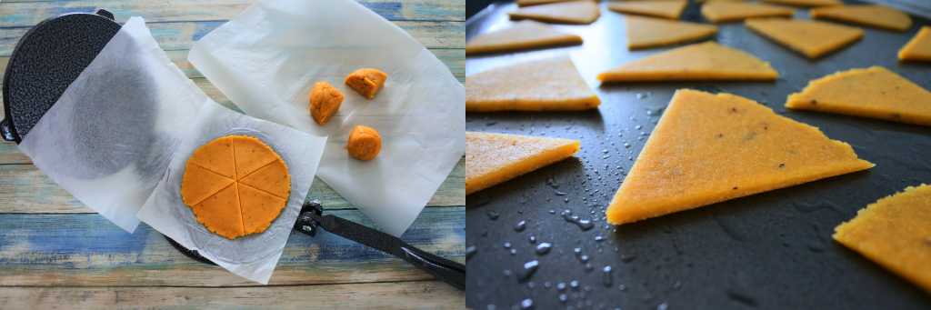 A composite image showing chickpea cracker dough being pressed with a tortilla press on the left and a close up of chickpea cracker dough cut into triangles on a baking tray