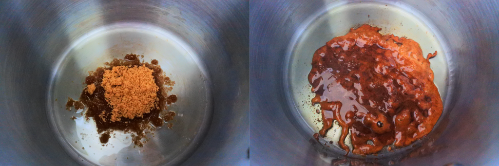 An overhead image of raw brown sugar being caramelized