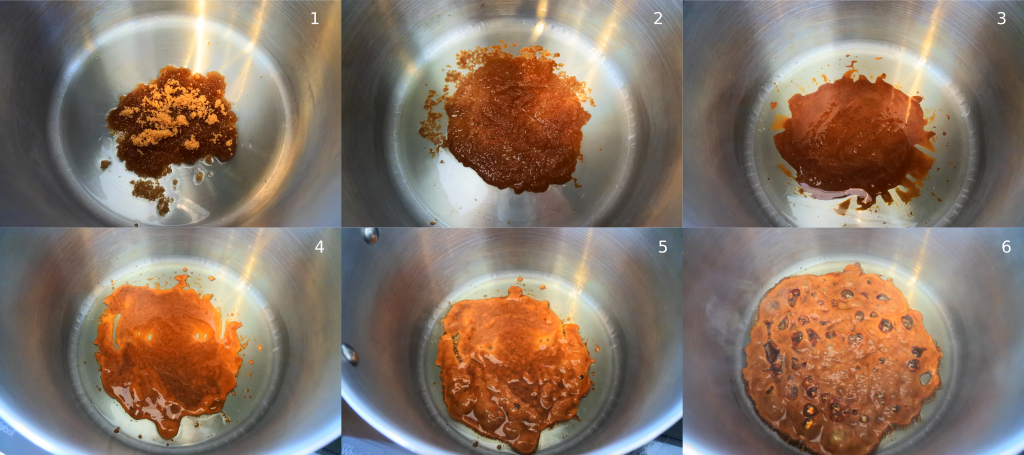 A collage of images depicting the process of browning/caramelizing sugar for a Caribbean-style stew.