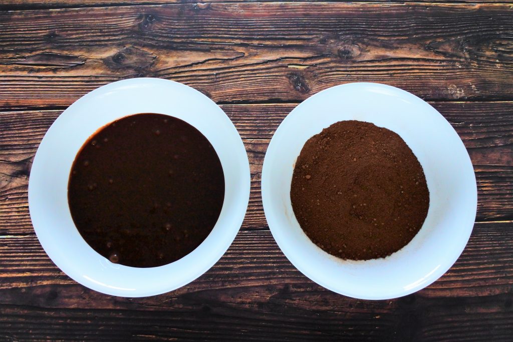 An overhead image of two bowls, one containing the wet ingredients and the other the dry ingredients for clean eat brownies