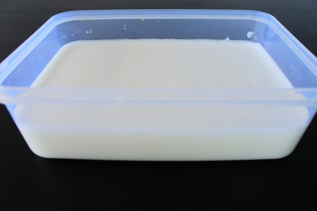 An angled head on image of a container of freshly made coconut milk