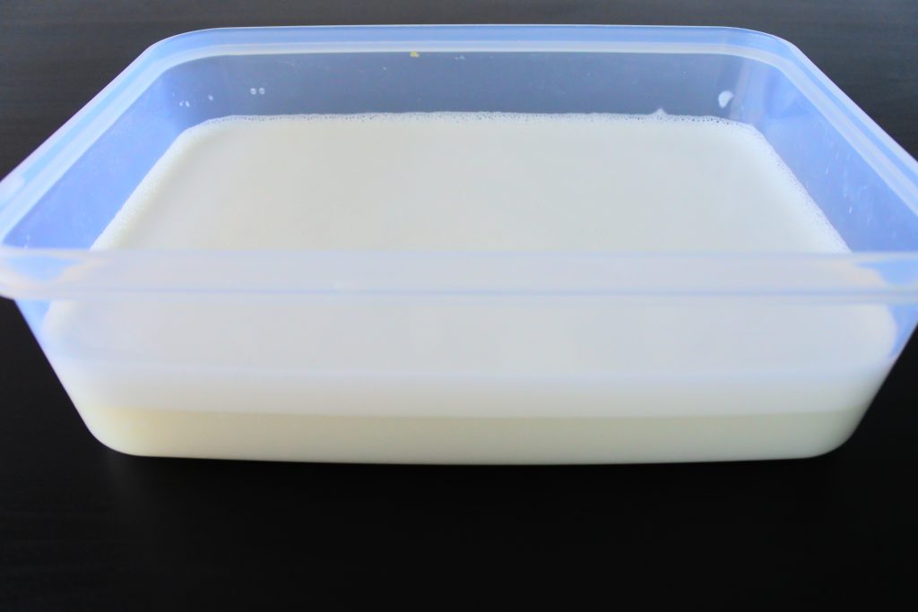 An angled head on image of a container of freshly made coconut milk separating into cream and liquid after resting
