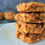 A head on image of a stack of banana oatmeal breakfast cookies