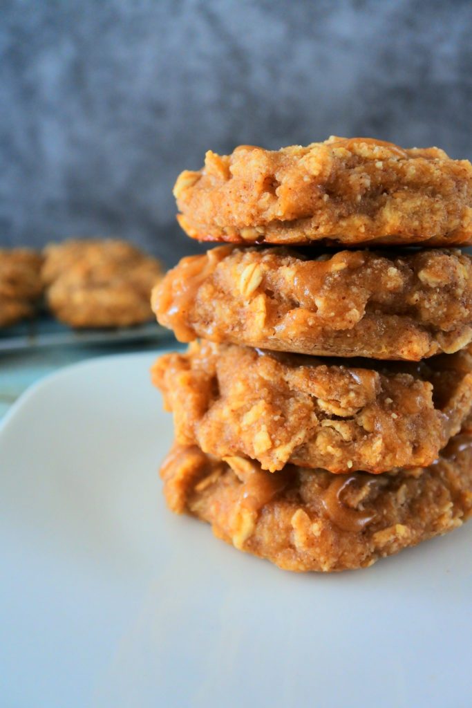 A head on image of a stack of banana oatmeal breakfast cookies