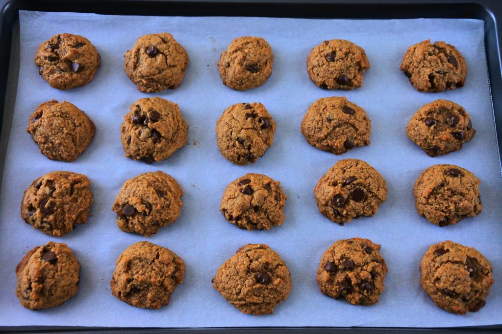 A tilted overhead image of a tray of twenty baked chocolate chip cookies