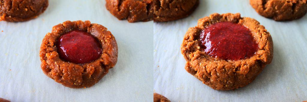 A composite image showing a PB&J thumbprint cookie filled with jam before and after being baked