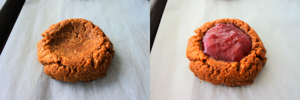 A composite image showing a PB&J thumbprint cookie indented but not filled after being baked and another image of the same cookie filled with jam in the indented middle
