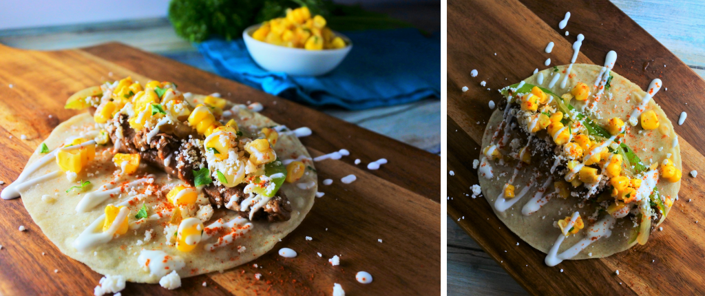 A composite image of a homemade corn tortilla topped with grilled skirt steak, bell peppers and onions and dressed with a corn salsa and jalapeno greek yogurt sauce
