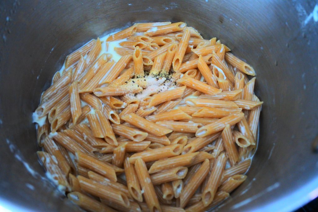 An overhead image of a pot of pasta cooked in milk topped with salt, pepper and garlic powder