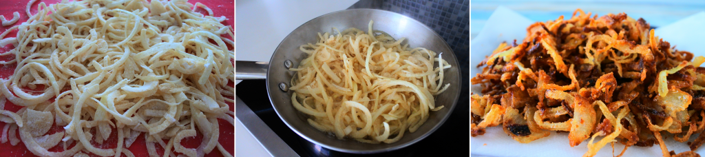 A composite image of sliced onions being fried