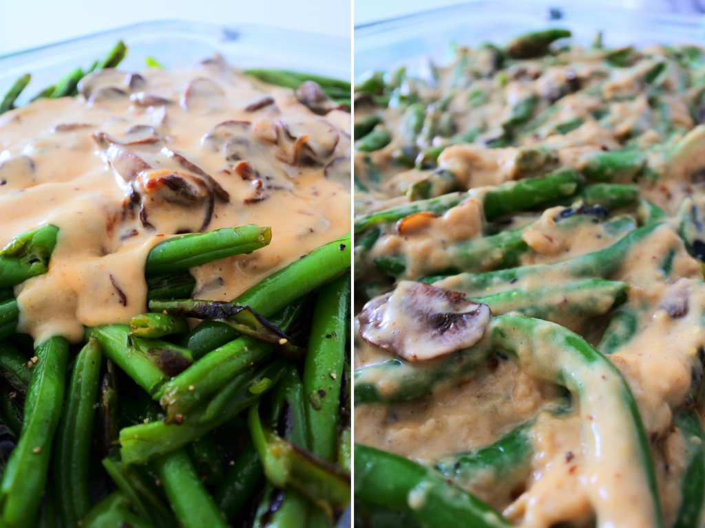 A composite image of skillet charred green beans being tossed in thick and rich mushroom and onion gravy.